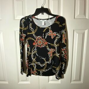 White House Black Market Black Floral Long Sleeve Top